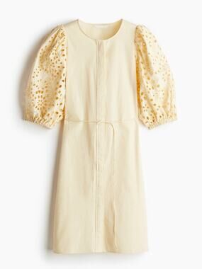 H&M Eyelet Embroidered Sleeves Cotton Mini Dress Yellow Medium